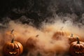 AI generated. Halloween pumpkin with a scary luminous face design with copy space on a fog smoke dark background Royalty Free Stock Photo