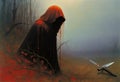 AI generated halloween themed image consisting of a shrouded man drenched in blood alongwith a sword and knife