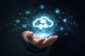 AI generated hand holding glowing cloud icon over global network connections representing cloud computing data transfer Royalty Free Stock Photo