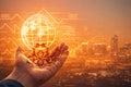 AI generated hand holding glowing digital globe with financial data graphs investment analytics and economic indicators Royalty Free Stock Photo