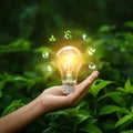 AI Generated Hand Holding Glowing Lightbulb Surrounded by Ecological Symbols Royalty Free Stock Photo