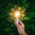 AI Generated Hand Holding Glowing Lightbulb Surrounded by Ecological Symbols Royalty Free Stock Photo