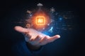 AI generated hand presenting glowing artificial intelligence core with smart technology circuits cloud network automation and Royalty Free Stock Photo