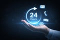 AI generated hand presenting glowing 24 hour digital service icon representing continuous customer support online communication Royalty Free Stock Photo