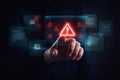 AI generated hand touching digital warning interface with red alert symbol and transparent system panels representing Royalty Free Stock Photo