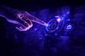 AI generated hand touching holographic security interface with glowing lock icon representing cybersecurity protection digital Royalty Free Stock Photo