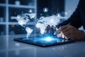 AI generated hand using tablet with holographic world map showing global connections data network communication and digital Royalty Free Stock Photo