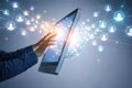 AI generated hands interacting with glowing digital screen and expanding user network icons representing online connectivity data Royalty Free Stock Photo