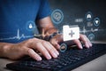 AI generated hands typing on computer with digital medical interface health data analysis electronic records secure healthcare Royalty Free Stock Photo