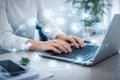 AI generated hands typing on laptop with connected digital icons representing online services cloud computing communication and Royalty Free Stock Photo