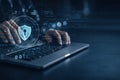AI generated hands typing on laptop with digital shield icon binary code and data graphs representing cybersecurity encryption Royalty Free Stock Photo