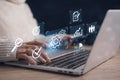 AI generated hands typing on laptop with digital workflow icons representing business optimization data driven management Royalty Free Stock Photo