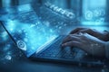 AI generated hands typing on laptop with holographic data panels tech icons and circuit elements representing artificial Royalty Free Stock Photo