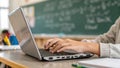 AI generated hands typing on laptop in school environment Royalty Free Stock Photo