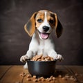 A happy Beagle puppy eagerly eating its kibble from a bowl by AI generated Royalty Free Stock Photo