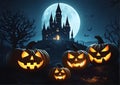 AI generated happy halloween background,0 scary pumpkins at night with a castle background. Royalty Free Stock Photo