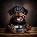 A happy Rottweiler dog puppy eagerly eating its kibble from a bowl by AI generated Royalty Free Stock Photo