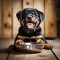 A happy Rottweiler dog puppy eagerly eating its kibble from a bowl by AI generated Royalty Free Stock Photo