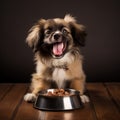 A happy Tibetan Spaniel dog puppy eagerly eating its kibble from a bowl by AI generated