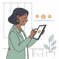 AI Generated: A happy woman giving a 5-star review using a tablet in a positive and modern digital setting