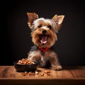 A happy Yorkshire terrier with its eyes closed in concentration as it eats its food by AI generated