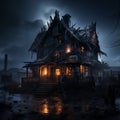 AI-generated haunted house in ghost town. Photo during night and full moon. Spooky halloween mood Royalty Free Stock Photo