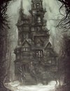 AI-generated Haunted Victorian House in a fog-shrouded landscape