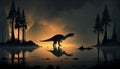 Silhouette of Dinosaur in Swamp, Made with Generative AI