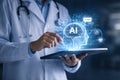 AI generated healthcare professional using tablet with AI interface for clinical decision support medical data analysis and Royalty Free Stock Photo