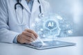AI generated healthcare professional using tablet with AI interface displaying connected medical data patient records and Royalty Free Stock Photo