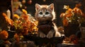 Cute kitten sitting in autumn garden with flowers and pumpkins.