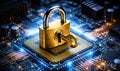 Golden Padlock Securing Microchip Circuit Board Representing Advanced Cyber Security Technology Royalty Free Stock Photo