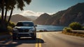 AI generated The contemporary silver luxury SUV is prominently parked on the scenic coastal highway, taking a break during a long Royalty Free Stock Photo