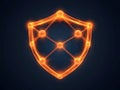 Abstract glowing orange network shield with interconnected nodes symbolizing cybersecurity, blockchain protection, and data sec