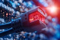Close up of black Ethernet cables with red glowing connectors attached to a circuit board representing secure data communicatio