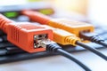 Close up of colorful Ethernet cables and connectors on a network board symbolizing secure data transmission communication techn