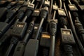 Close up of HDMI and Ethernet cables stacked neatly on a surface symbolizing efficient data and multimedia transmission