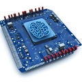 Close up of a microchip embedded with a brain design symbolizing artificial intelligence, cognitive computing, and technologica