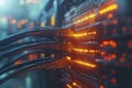 Close up of multiple glowing Ethernet cables plugged into a network switch symbolizing fast and secure data transmission
