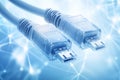 Close up of two blue Ethernet cables connected symbolizing fast internet connectivity and reliable network infrastructure