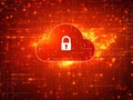 Fiery red cloud lock surrounded by glowing digital particles and circuitry, symbolizing ultimate cloud data security with an in