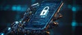 Futuristic robotic hand gripping a smartphone with a glowing blue padlock icon, symbolizing AI driven cybersecurity, digital in