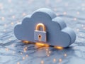 Grey cloud resting on a minimalistic circuit board with an embedded glowing lock, symbolizing advanced cybersecurity, cloud sto