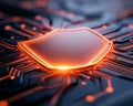High tech orange circuit shield glowing on a futuristic digital motherboard, representing innovative cybersecurity and advanced