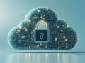 Radiant glowing glass like cloud with embedded lock surrounded by floating golden light particles, symbolizing secure cloud sto