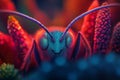 Ultra close macro of a red moth with a vivid and textured face surrounded by a dramatic gradient of glowing red and blue hues f