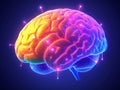 Vibrant colorful rendering of a glowing neural brain with smooth transitions representing creativity data processing and mental