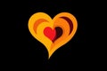 Warm abstract orange and red overlapping heart shapes with dynamic curves and a glowing finish symbolizing passion connection a