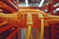 Yellow ethernet cables connected to server rack in a data center illustrating high speed internet connectivity and organized ne