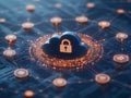 Black glowing cloud surrounded by connected data nodes and circuits, symbolizing advanced encryption, secure networks, and mode